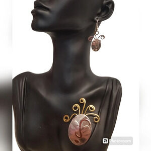 VINTAGE STERLING SILVER, COPPER & BRASS ABSTRACT TRIBAL FACE BROOCH & EARRINGS